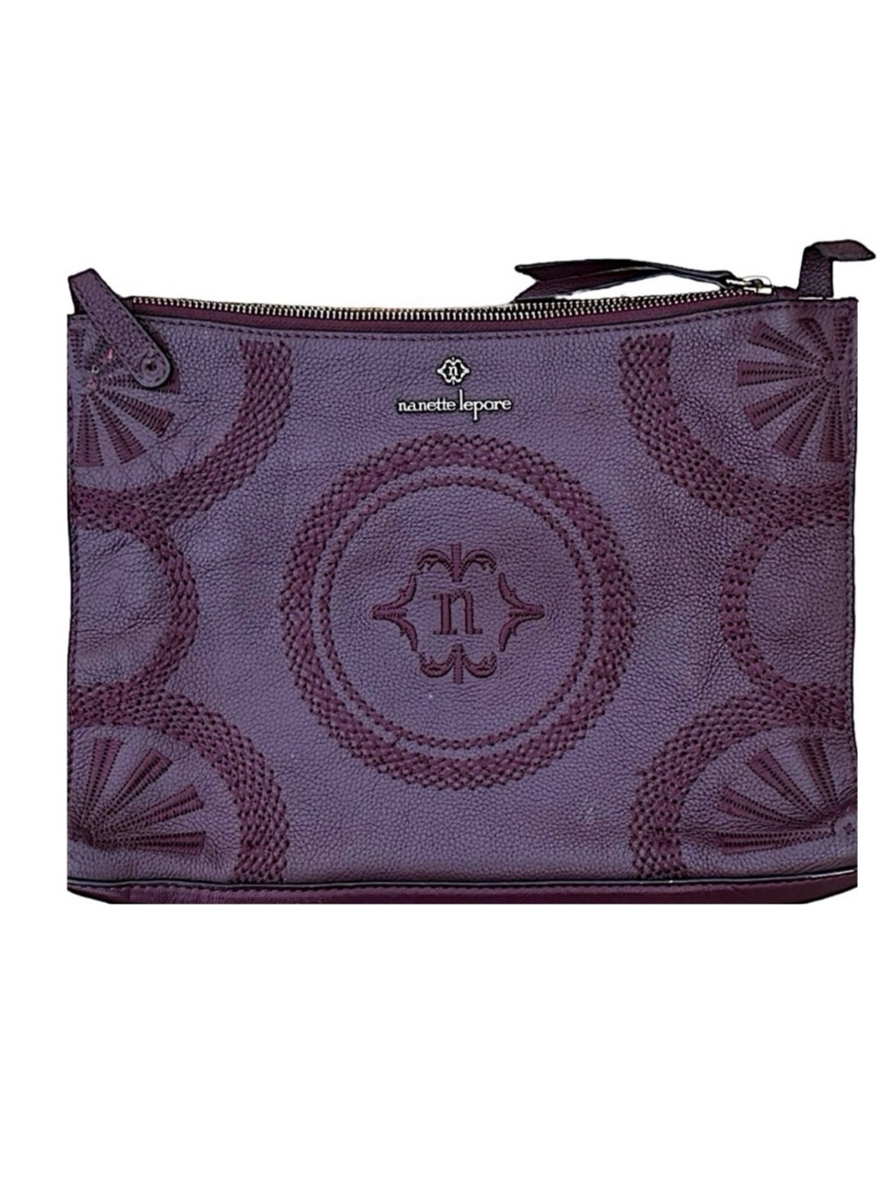 NANETTE LEPORE Women’s Plum Leather Crossbody Clutch 12.5”x 9” Embroidered